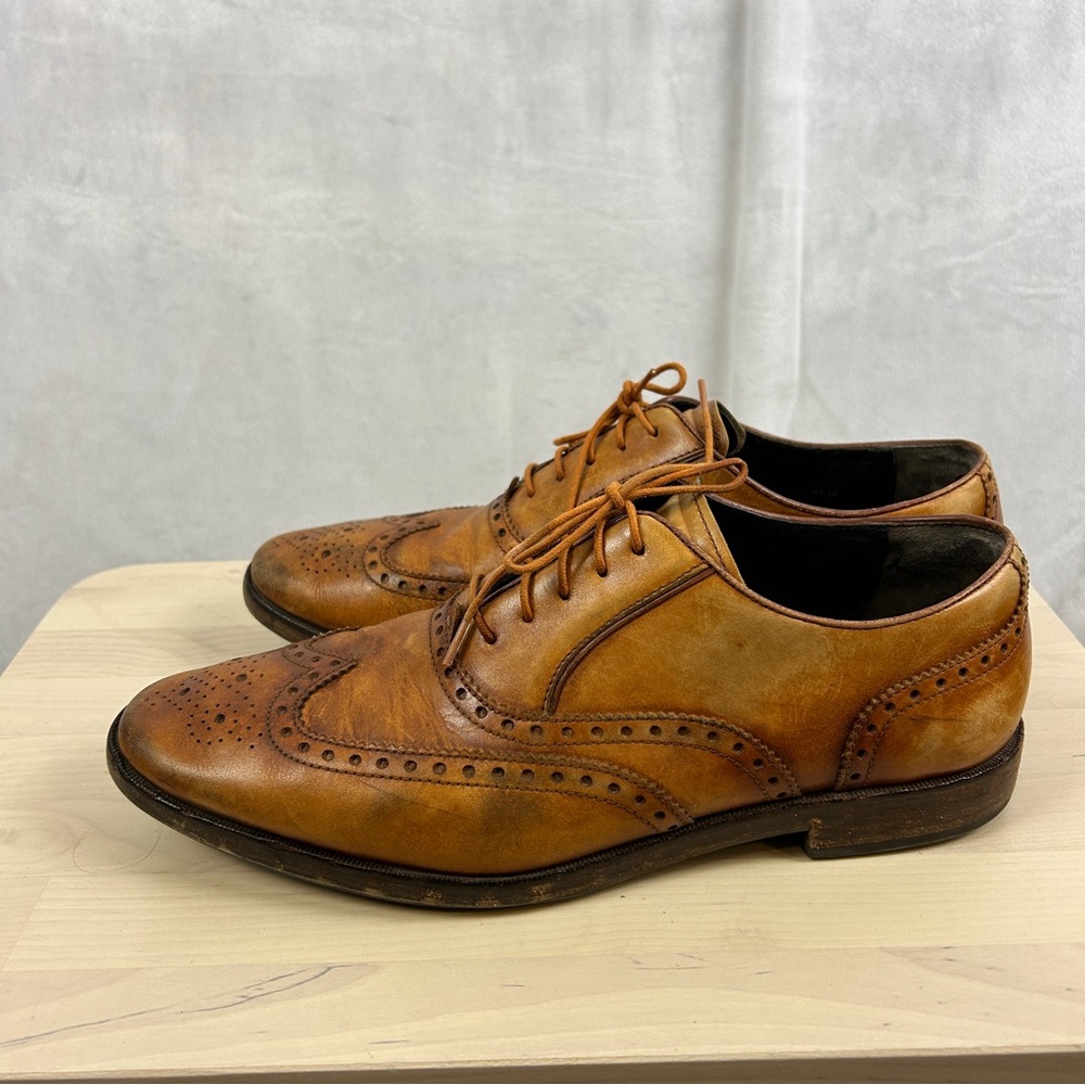 COLE HAAN GrandOS Wingtip Lace Up Dress Shoes Brown Burnished Leather Men's 9
